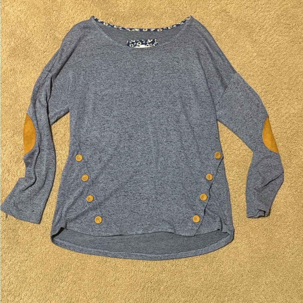 mine Heather Blue Long Sleeve Top with Tan Elbow Patches & Side Buttons